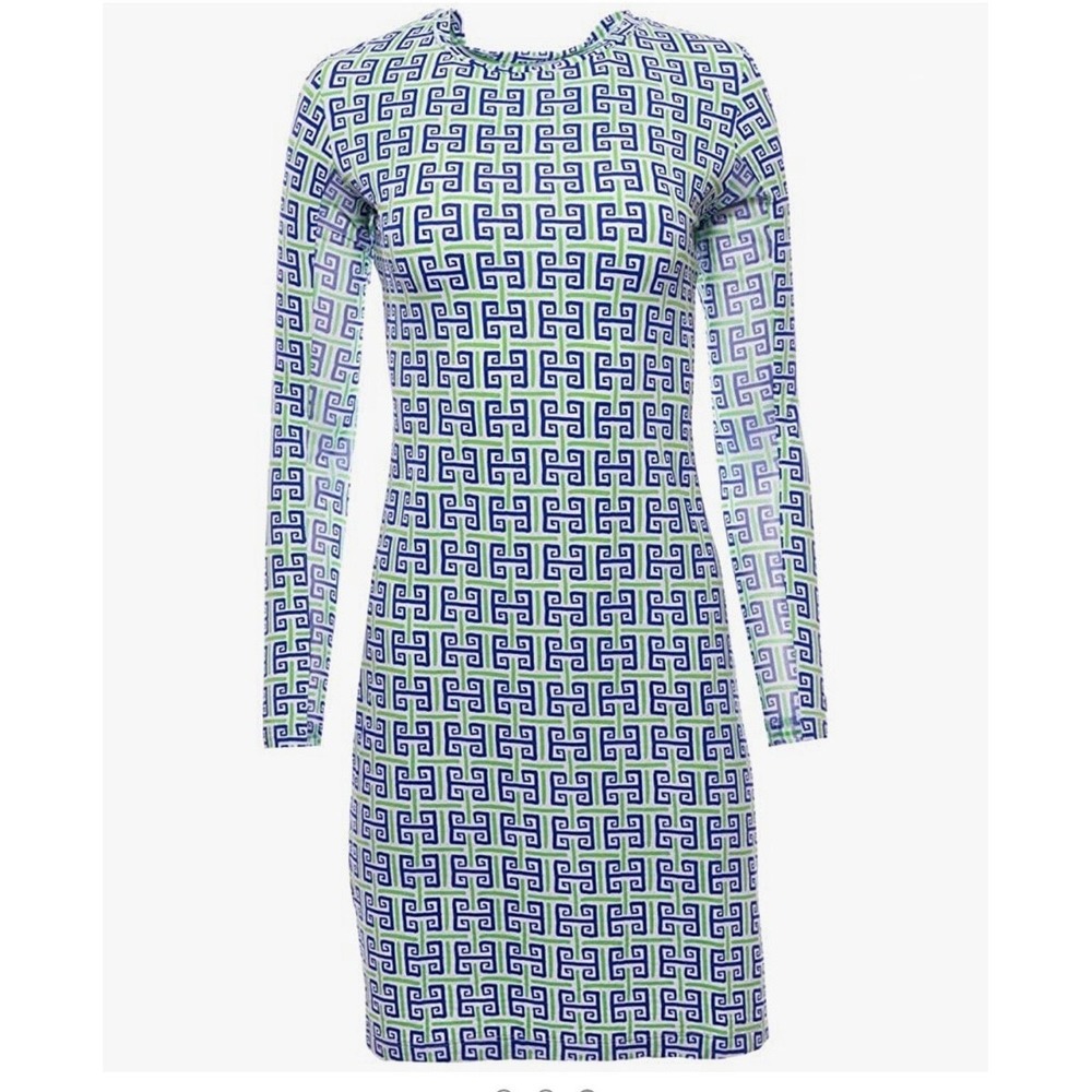 IBKUL Long Sleeve Crew Neck Sun Dress Geo Key Green Blue Geometric Size Small